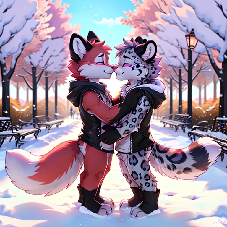 Anthropomorphic male crimson fox, with purple eyes, pink nose, black horns, black sholders, white hands, is kissing passionately with a male snow leopard with purple eyes and 4 ears, eyes closed, outside, different views, full body view, in a park, morning digital art.