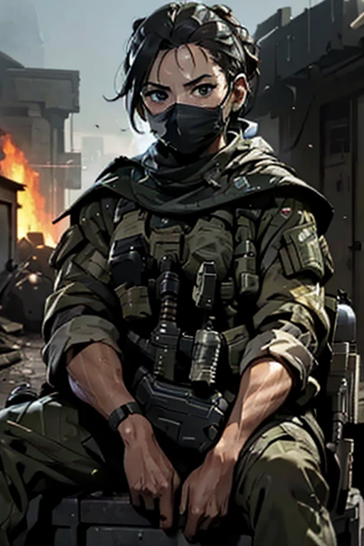 (masterpiece), best quality, expressive eyes, perfect face,(call of duty modern warfare) ,(ghost) , sitting on trunk , ruins in fire on back ground, detailed background, sad eyes, tired of fighting, ghostmask, female