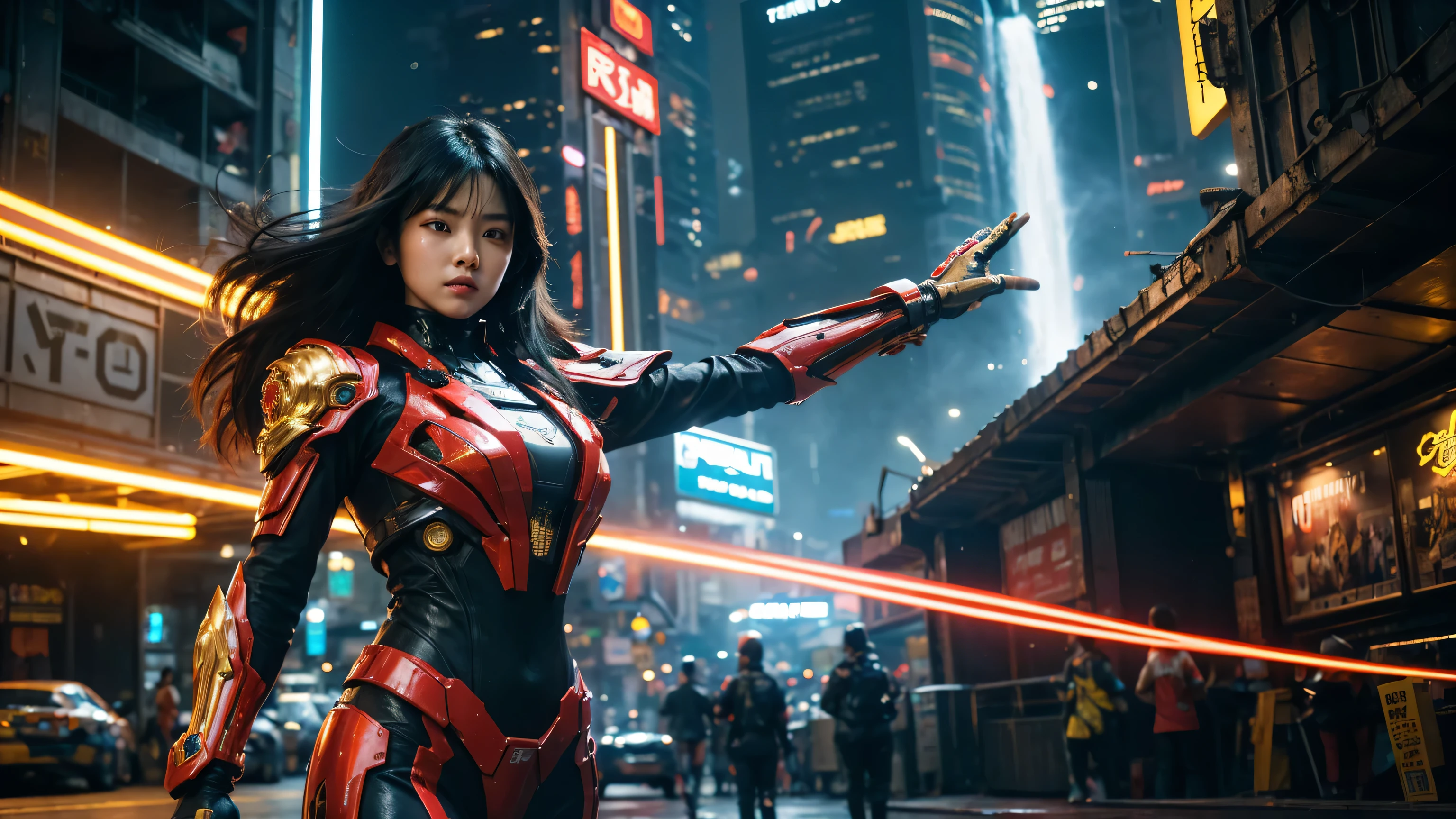 In the pulsating core of the cyberpunk metropolis, Jakarta, a strikingly ethereal Asian woman with a voluminous waterfall of ebony hair grabs attention in the vibrant, neon-lit crowd. Clad in a formidable, fiery-red mecha suit, she emanates tenacity and grit. The polished suit's surfaces mirror the technicolor cityscape, enhancing the enthralling lights and holograms that dart through the air. With her ornate, ceremonial blade gripped tightly in hand, this captivating mystery embodies perseverance and optimism amidst Jakarta's riotous, fut