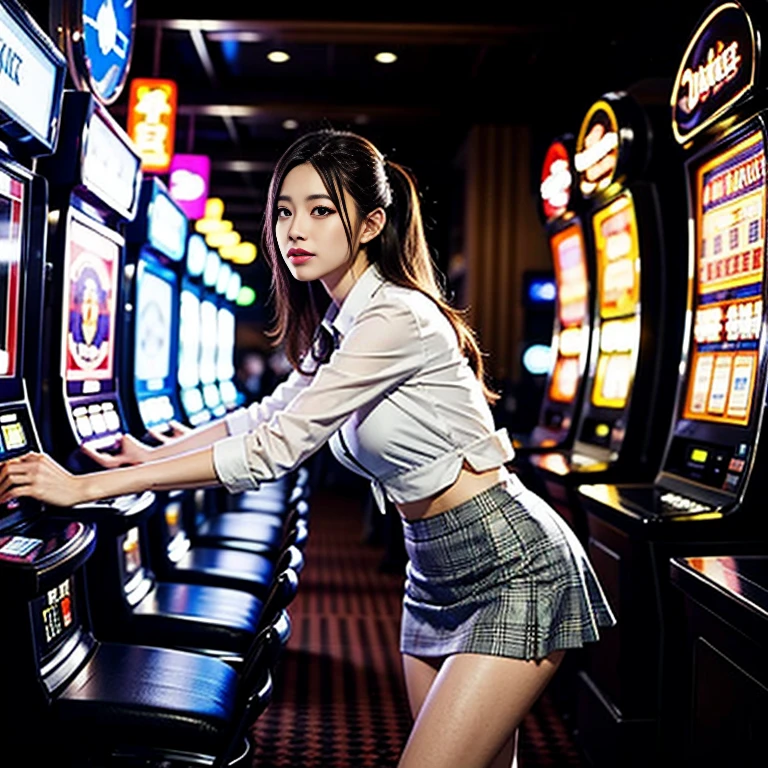 belle jeune femme、tir d&#39;en bas、Jetant un coup d&#39;œil dans une minijupe、(Top quality white pancravates)、(chemise blanche、cravate、mini-jupe à carreaux tartan)、Commis de casino、Dans une allée bordée de machines à sous