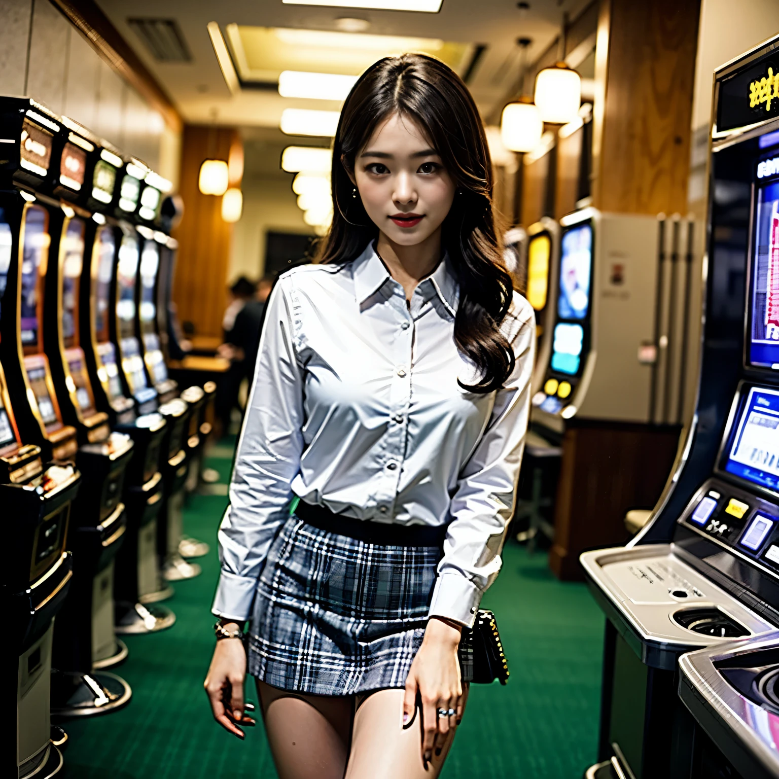 Young beautiful woman、Shooting from below、Peeking into a miniskirt、(Top quality white panties)、(White Shirt、tie、Tartan check mini skirt)、Casino Clerk、In an aisle lined with slot machines