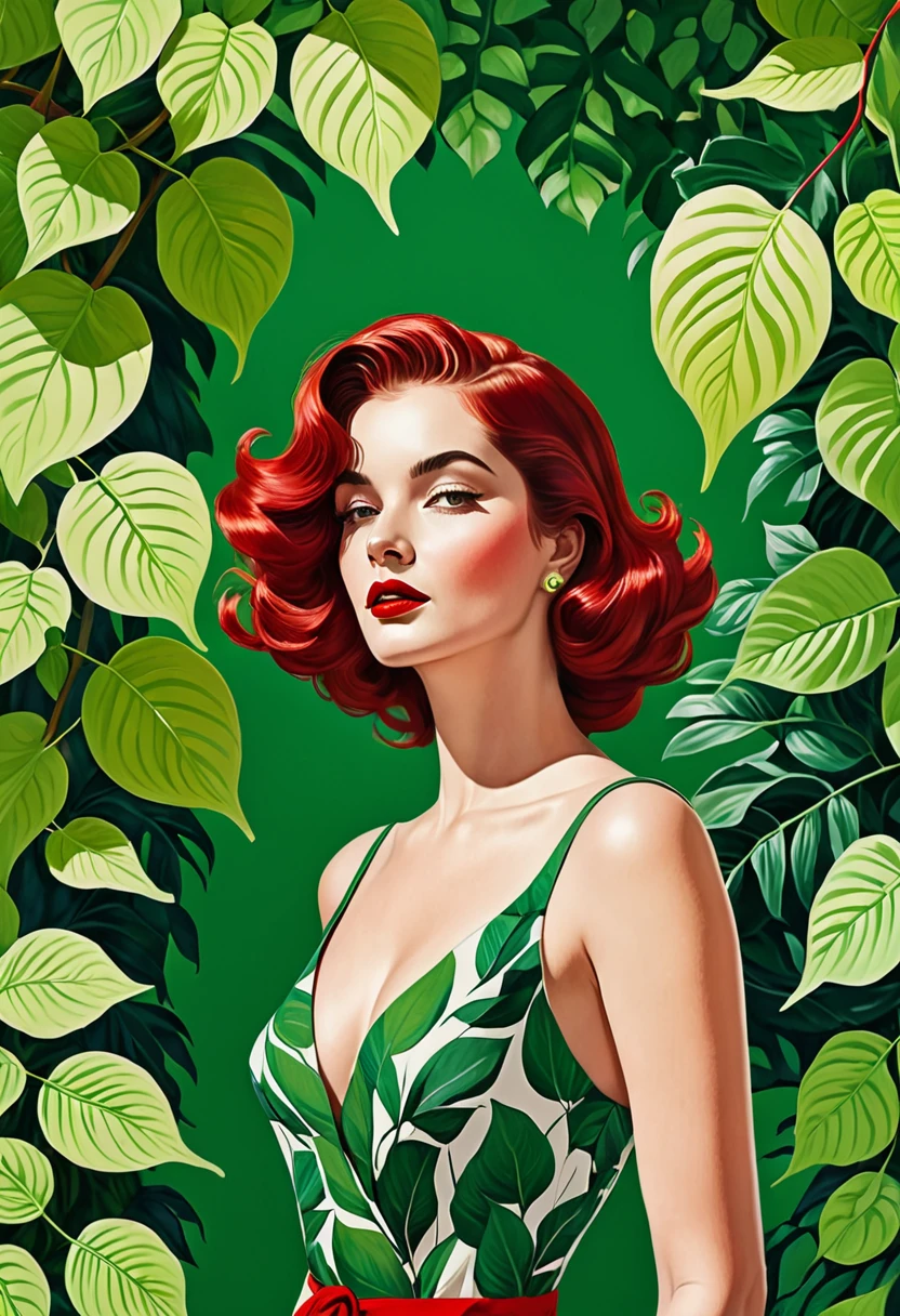 Une illustration magnifiquement dessinée d’une femme aux cheveux rouges, porter une robe verte, and surrounded by green leaves. The woman has a prominent neckline, and her hair is styled&#39;a way that completes your outfit. L&#39;image capture l&#39;élégance et le charme de la femme, which makes it a work of&#39;art attrayante.