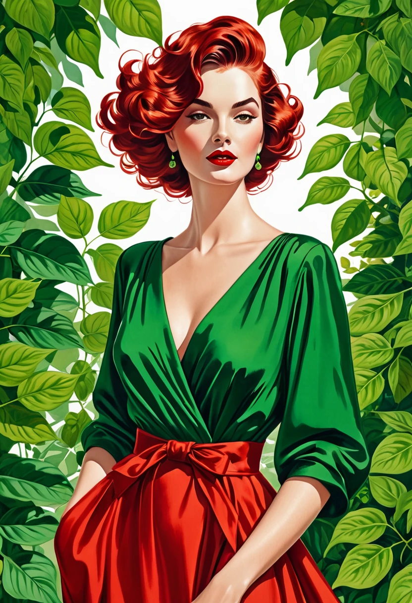 Une illustration magnifiquement dessinée d’une femme aux cheveux rouges, Porter une robe verte, et entouré de feuilles vertes. La femme a un décolleté proéminent, et ses cheveux sont coiffés&#39;une manière qui complète votre tenue. L&#39;capture d&#39;image l&#39;élégance et le charme de la femme, ce qui en fait une œuvre de&#39;art attrayante.
