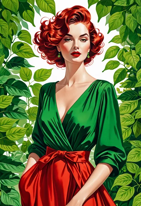 Une illustration magnifiquement dessinée d’une femme aux cheveux rouges, porter une robe verte, and surrounded by green leaves. ...