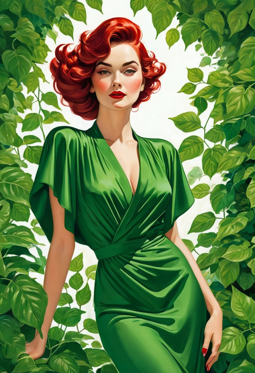 Une illustration magnifiquement dessinée d’une femme aux cheveux rouges, porter une robe verte, and surrounded by green leaves. The woman has a prominent neckline, and her hair is styled&#39;a way that completes your outfit. L&#39;image capture l&#39;élégance et le charme de la femme, which makes it a work of&#39;art attrayante.