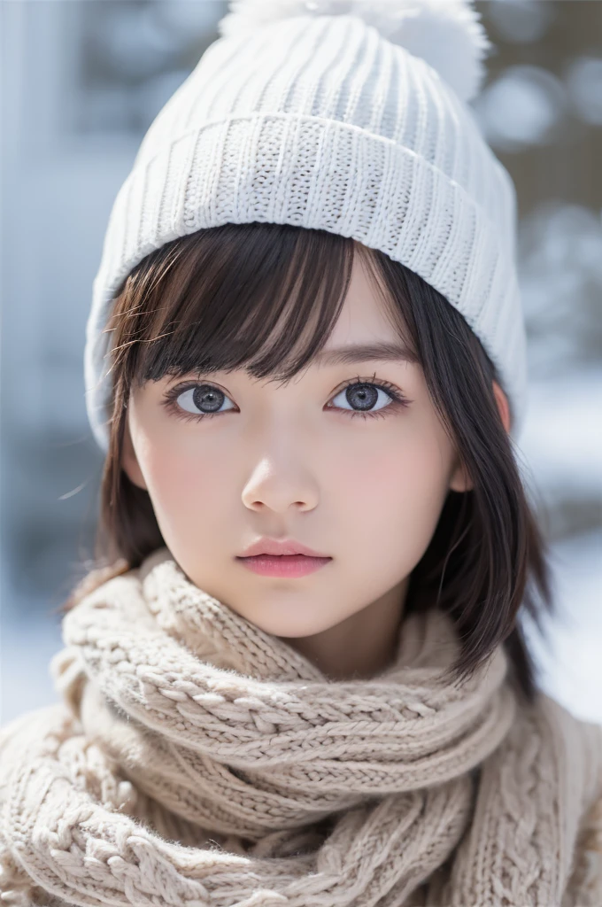 one girl, (a beauty girl, delicate girl:1.3), (13 years old:1.3),
break, (scarf, Knitted hat:1.3),
break, Very fine grain definition, (Symmetrical eyes:1.3),
break, (Snow Scene:1.3),
break, Small breasts, Brown eyes, Parted bangs, Brown Hair,  girl,
break, (Eyes and facial details:1.0),
break, (masterpiece, highest quality, Super detailed, Detailed face, 8k)