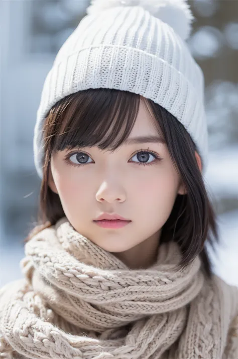 one girl, (a beauty girl, delicate girl:1.3), (13 years old:1.3),
break, (scarf, Knitted hat:1.3),
break, Very fine grain defini...