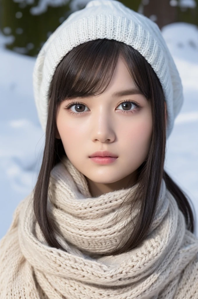 one girl, (a beauty girl, delicate girl:1.3), (:1.3),
break, (scarf, Knitted hat:1.3),
break, Very fine grain definition, (Symmetrical eyes:1.3),
break, (Snow Scene:1.3),
break, Small breasts, Brown eyes, Parted bangs, Brown Hair,  girl,
break, (Eyes and facial details:1.0),
break, (masterpiece, highest quality, Super detailed, Detailed face, 8k)