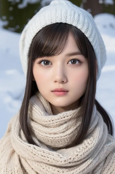 one girl, (a beauty girl, delicate girl:1.3), (13 years old:1.3),
break, (scarf, Knitted hat:1.3),
break, Very fine grain defini...