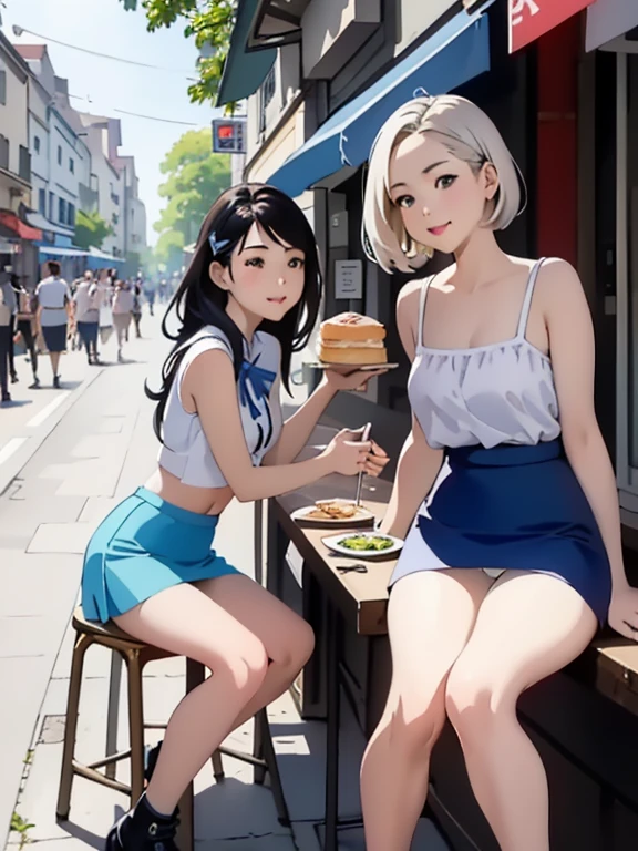 (masterpiece, highest quality), Two Girls, young teen, , (white panties), close,smile, eat, Sitting in a street café, Rich cuisine, City Street, blue sky, Vibrant colors, bright, white, watercolor、Tight Skirt、mini skirt、デニムmini skirt