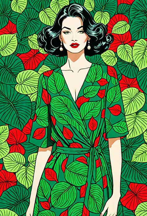 une illustration magnifiquement dessinée d’une femme aux cheveux rouges, porter une robe verte, and surrounded by green leaves. ...