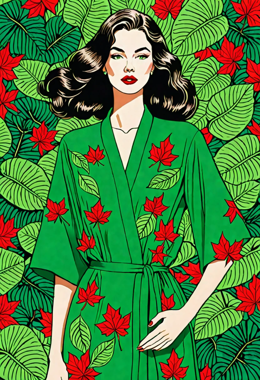 Une illustration magnifiquement dessinée d’une femme aux cheveux rouges, porter une robe verte, and surrounded by green leaves. The woman has a prominent neckline, and her hair is styled&#39;a way that completes your outfit. L&#39;image capture l&#39;élégance et le charme de la femme, which makes it a work of&#39;art attrayante.