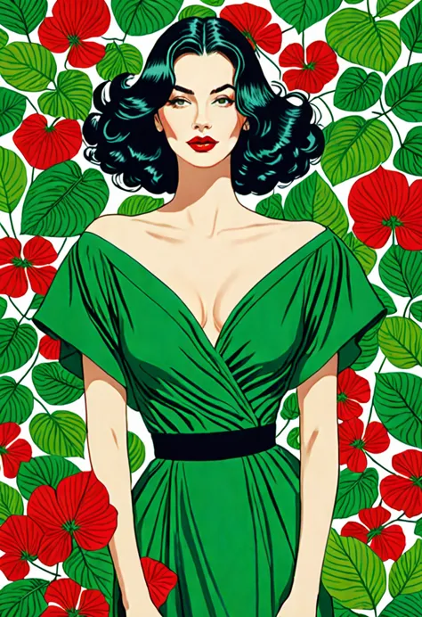 une illustration magnifiquement dessinée d’une femme aux cheveux rouges, porter une robe verte, and surrounded by green leaves. ...