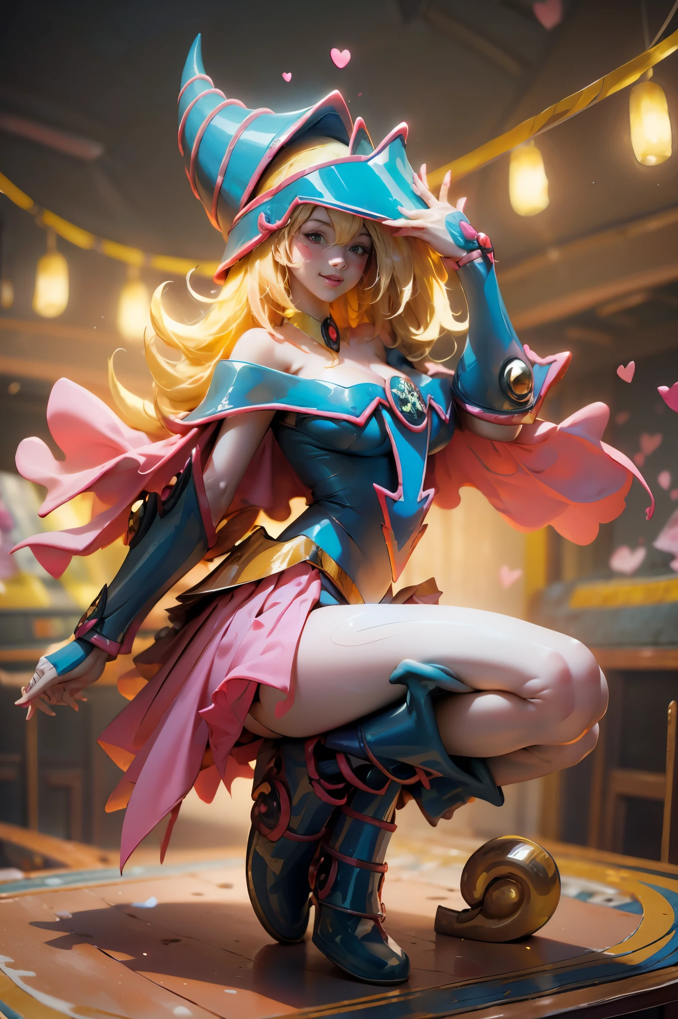 (Masterpiece:1.2), (The best quality:1.2), Perfect lighting, Dark Magician Girl in heels, casting a spell, smiling and floating in the air, big tits, neckline, magic background. Transparent hearts in the environment,  she wears heels and in a bikini 