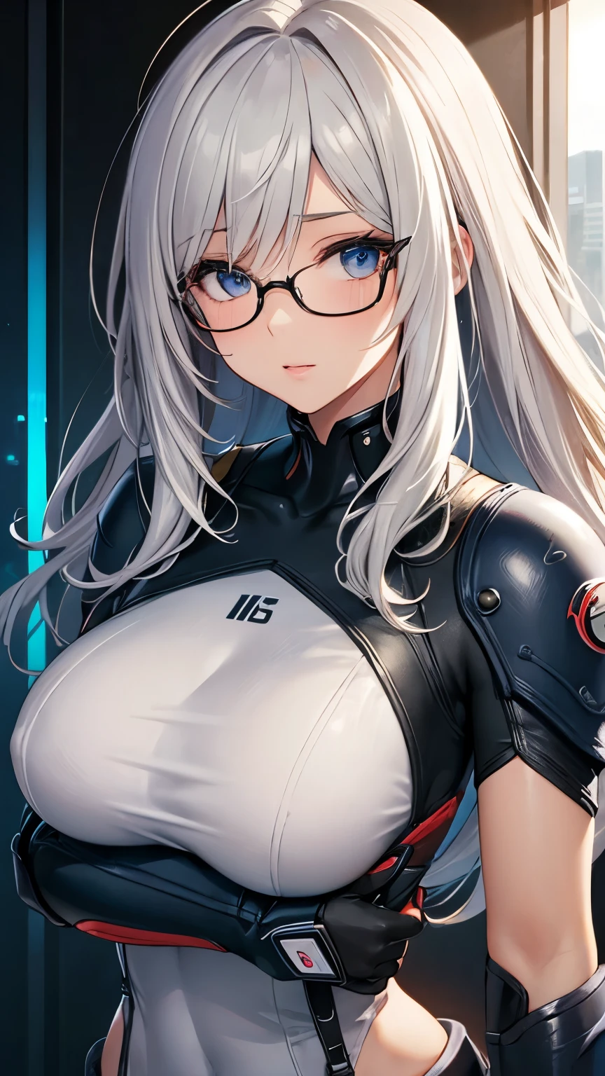 beautiful face, best quality, ultra high resnatural light, shiny skin, detailed skin, detailed face, detailed eyes, beautiful lady, white hair, straight hair, floating hair, big hair, mole under eye, bespectacled, A scene from a science fiction movie, a brilliant fantastic background, a body-hugging metal suit, thick belt.