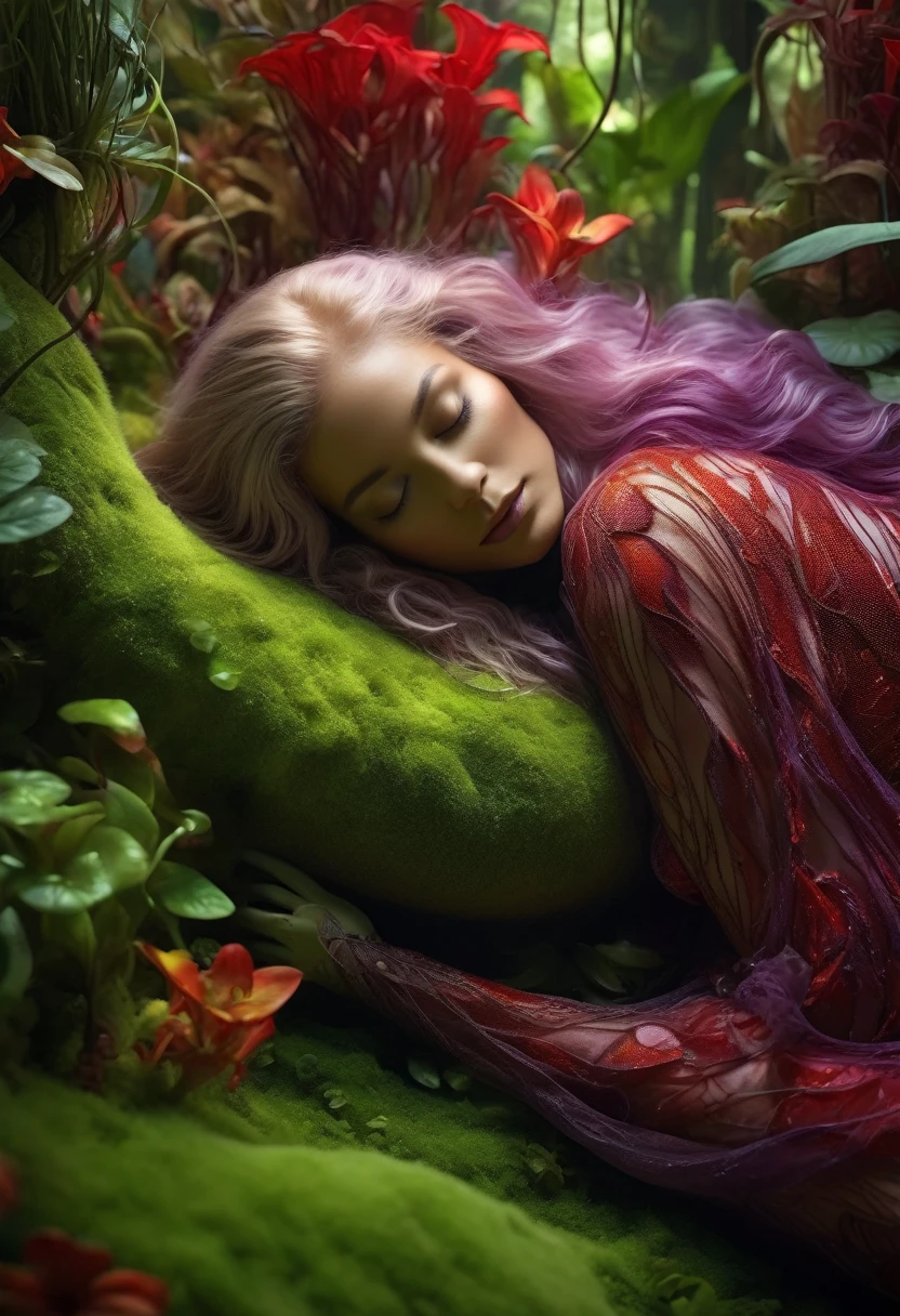 (best quality,4k,8k,highres,masterpiece:1.2),ultra-detailed,(realistic,photorealistic,photo-realistic:1.37),wide angle shot,dynamic angle, full body shot, The plant woman, she has very long and wavy platinum hair,(she is wearing a biological exoskeleton covering up her entire body),((She is resting lying down, incubated inside a suspended exquisite cocoon:1.5)), in her vegetal kingdom, carnivorous plants, vibrant green leaves and tendrils, alien biome, lush vegetation and exotic flowers, poison jungle, toxic and vibrant colors, mysterious atmosphere, soft and ethereal lighting, immersive and lifelike 3D rendering, botanical fantasy, intricate details on the plant bulbs, lush and intricate flora, magical and dreamlike ambience, mysterious environment, painterly style, dreamy color palette with a mix of vibrant reds and deep purples, enigmatic composition, surreal and otherworldly experience