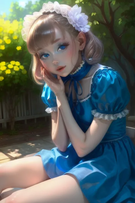 (masterpiece, highest quality,), one girl, alone in a blue dress、、blue eyes、seductive pose、outdoor