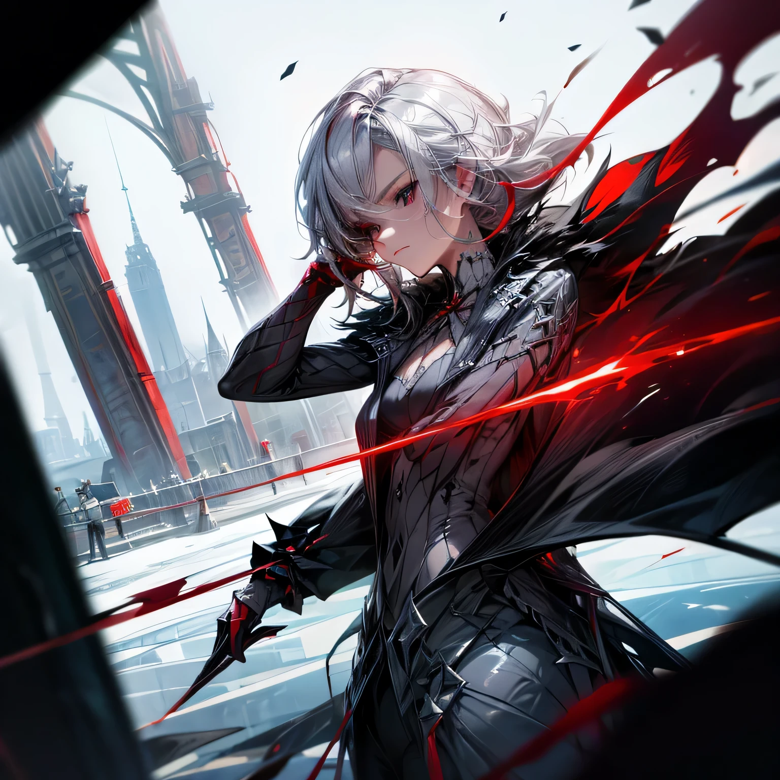 a close up of a woman, One dark red wing on her left Shoulders, Flat and serious expression, high quality, In the red boss match room, cool hair, Cool pose, gray eyes, white hair with black detailing hair, France city