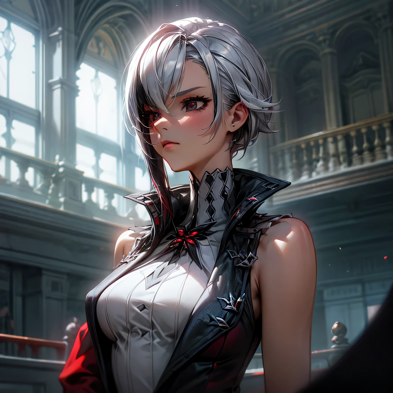 a close up of a woman, One dark red wing on her left Shoulders, Flat and serious expression, high quality, In the red boss match room, cool hair, Cool pose, gray eyes, white hair with black detailing hair, France city, tall, medium breast