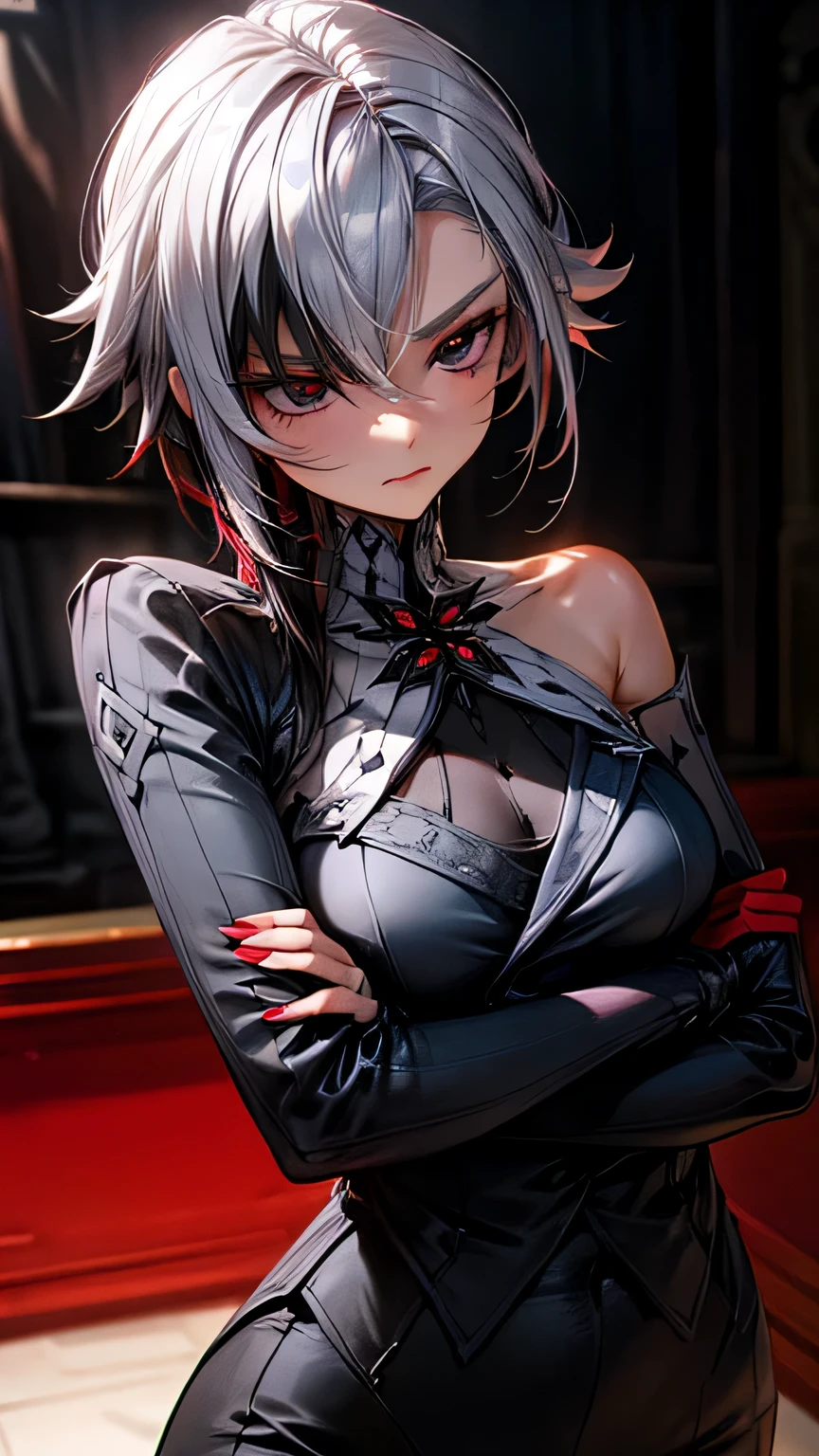 a close up of a woman, One dark red wing on her left Shoulders, Flat and serious expression, high quality, In the red boss match room, cool hair, Cool pose, gray eyes, white hair with black detailing hair, France city, tall, medium breast