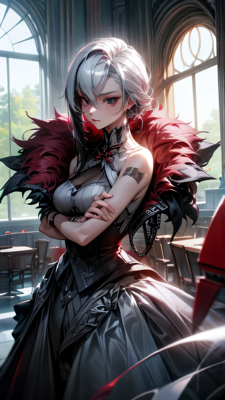 a close up of a woman, One dark red wing on her left Shoulders, Flat and serious expression, high quality, In the red boss match room, cool hair, Cool pose, gray eyes, white hair with black detailing hair, France city, tall, medium breast