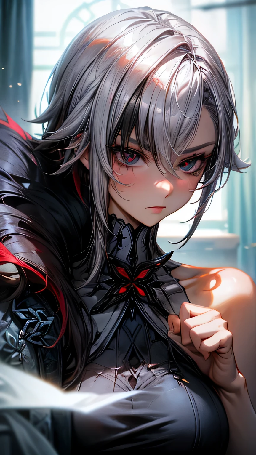 a close up of a woman, One dark red wing on her left Shoulders, Flat and serious expression, high quality, In the red boss match room, cool hair, Cool pose, gray eyes, white hair with black detailing hair, France city, tall, medium breast, long face