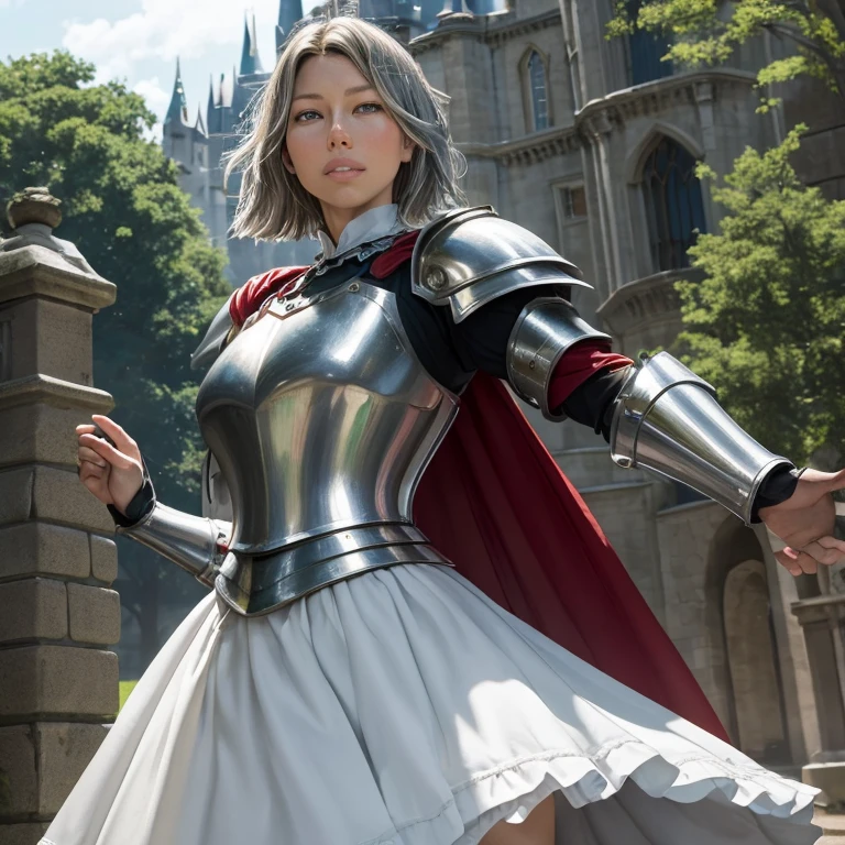 Jessica Biel, masterpiece, best quality, illustration, fighting pose, 1girl, noelle genshin impact, short silver hair, green eyes, maid skirt with red side parts, maid knight, maid knight armor, castle bridge, water,