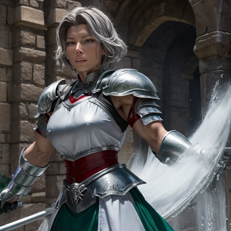 Jessica Biel, bodybuilder physique, bodybuilder veins, masterpiece, best quality, illustration, fighting pose, 1girl, noelle genshin impact, short silver hair, green eyes, maid skirt with red side parts, maid knight, maid knight armor, castle bridge, water,