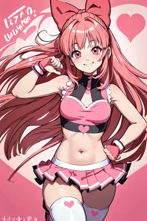 blossom, messy hair,hair bow,thighhighs, pink bikini,heart background,grin,from above, sleeveless,
(best quality, masterpiece, RAW photo,ultra-detailed:1.2), 1girl,solo,looking at viewer,smile