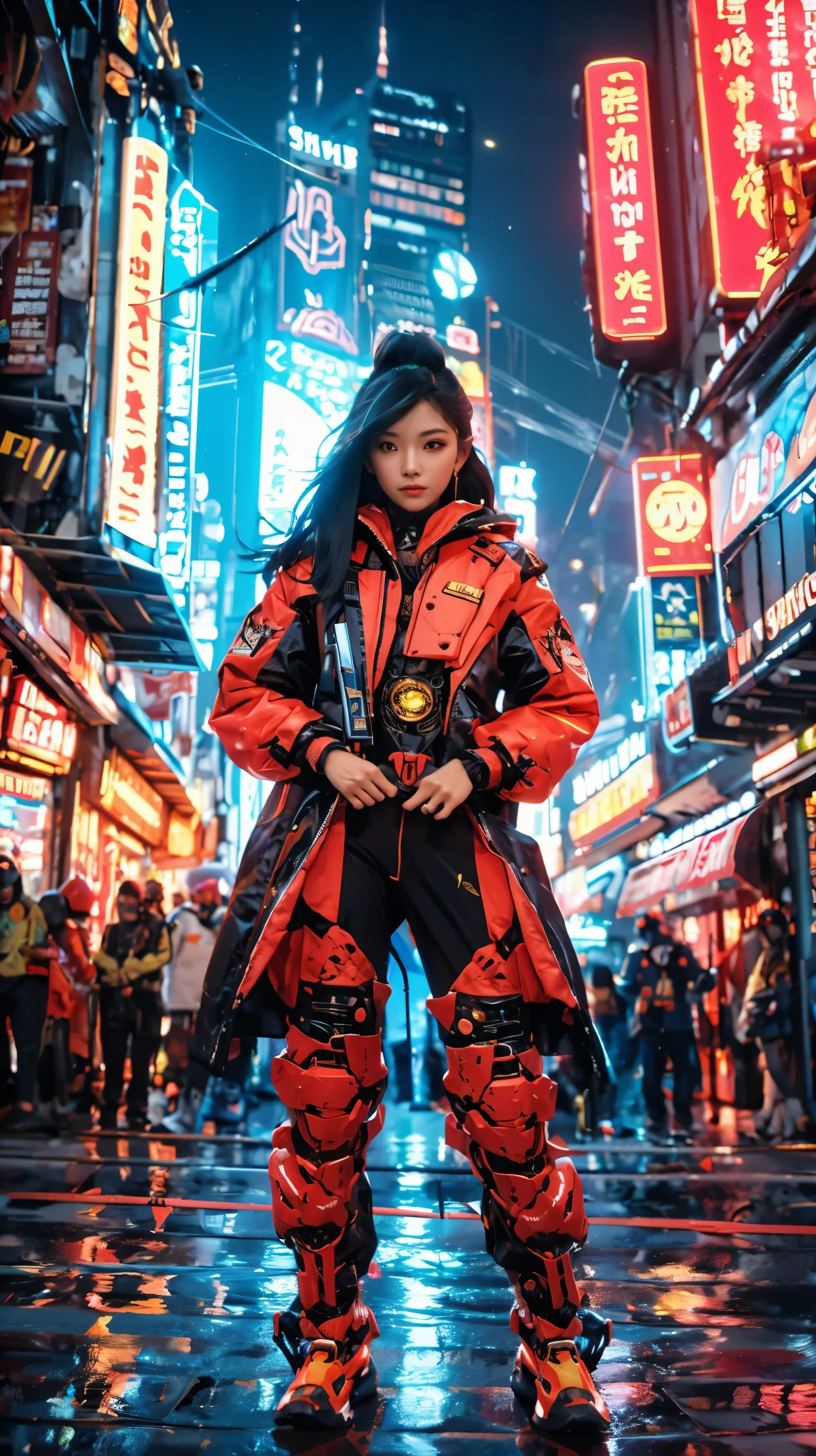 In the pulsating core of the cyberpunk metropolis, Jakarta, a strikingly ethereal Asian woman with a voluminous waterfall of ebony hair grabs attention in the vibrant, neon-lit crowd. Clad in a formidable, fiery-red mecha suit, she emanates tenacity and grit. The polished suit's surfaces mirror the technicolor cityscape, enhancing the enthralling lights and holograms that dart through the air. With her ornate, ceremonial blade gripped tightly in hand, this captivating mystery embodies perseverance and optimism amidst Jakarta's riotous, fut