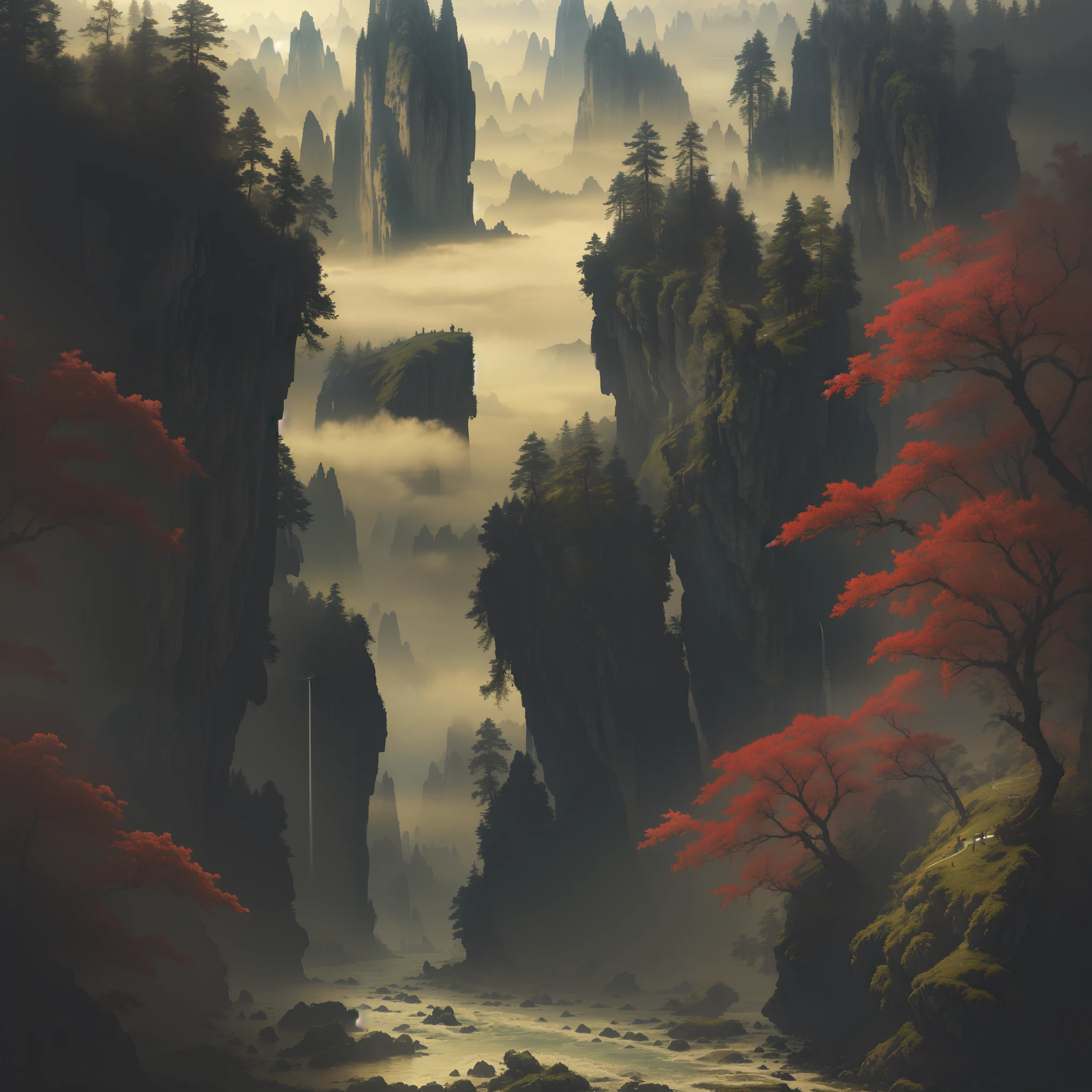 Analog style,ChromaV5,nvinkpunk,(extremely detailed CG unity 8k wallpaper),An image of a majestic river, trees on the sides, tiny waterfall, intense fog in a gorgeous beach ,award winning photography, Chromatic Aberration, Detailed , HDR, Bloom, style by Monet, Pissarro, and Sisley ,trending on ArtStation, trending on CGSociety, art by midjourney