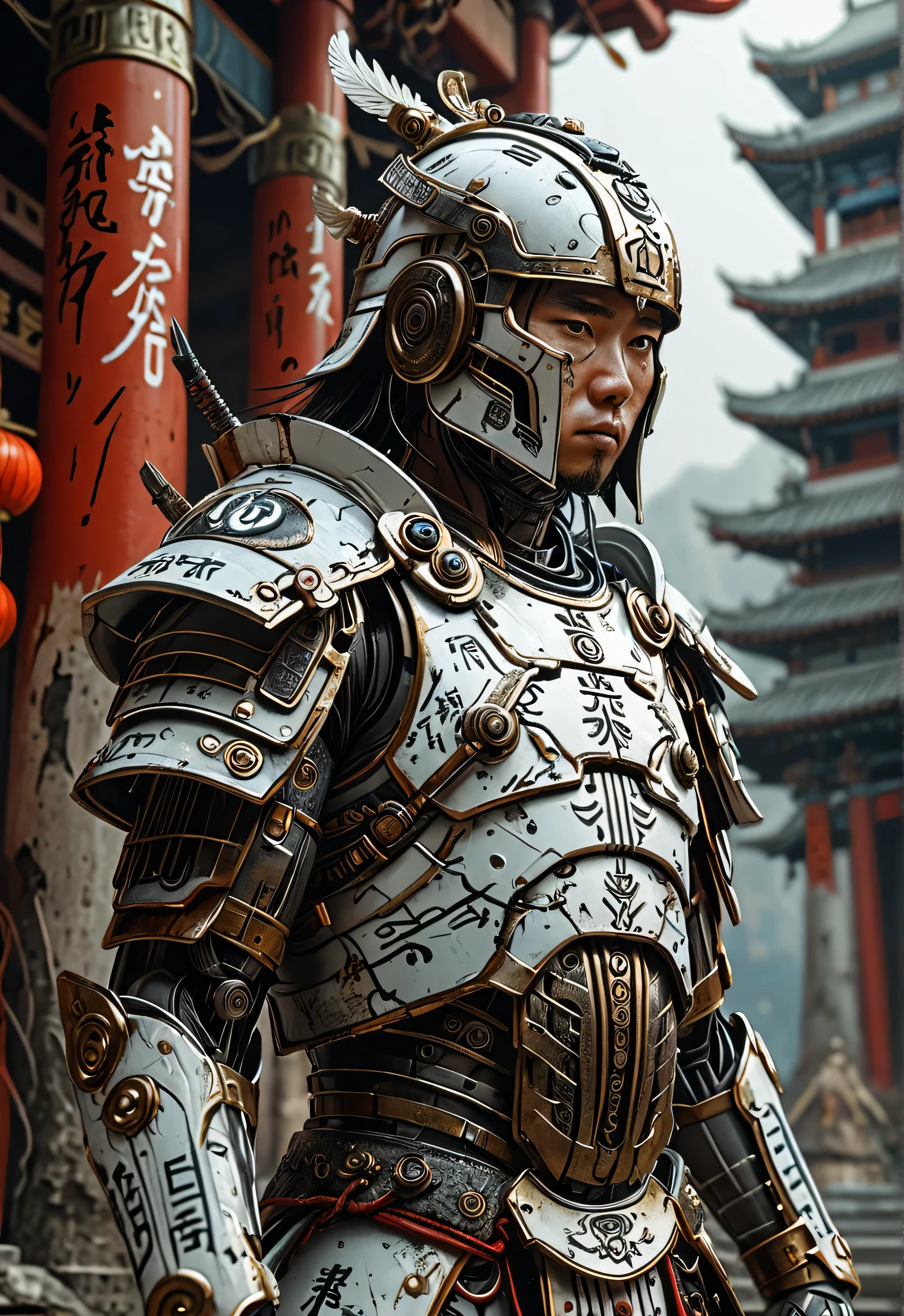 Masterpiece, Majestic. POV: three-quarter shot in camera Canon EOS R6 Mark II, Len EE 35mm, f1.6. Ancient warrior standing in dynamic pose. White and majestic helmet which hides the warrior’s face, evoking the greatness of the character. White armor with runes written in deep lines on it, bold lines, ancient chinese and japanese style combined with cyborg technology and distopic future, photorrealistic, hyperdetailed, raytracing, ambient occlussion, 16K UDH.