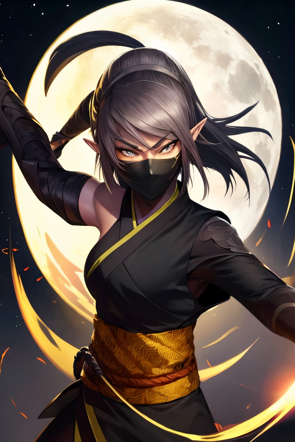 
Elf, Ninja, Face Mask, Kunoichi, Grey Hair, Amber Eyes, Katana, Elf Ears, Kimono, Shadow Powers, Dark Energy, Moonlight, Hex