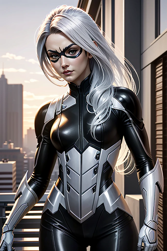 (masterpiece, best quality) MarvelBlackCat, Minka Kelly, solo, long hair, white hair, mask, seductive, standing in a rooftop scene, highly detailed, 8k, concept art, dramatic lighting