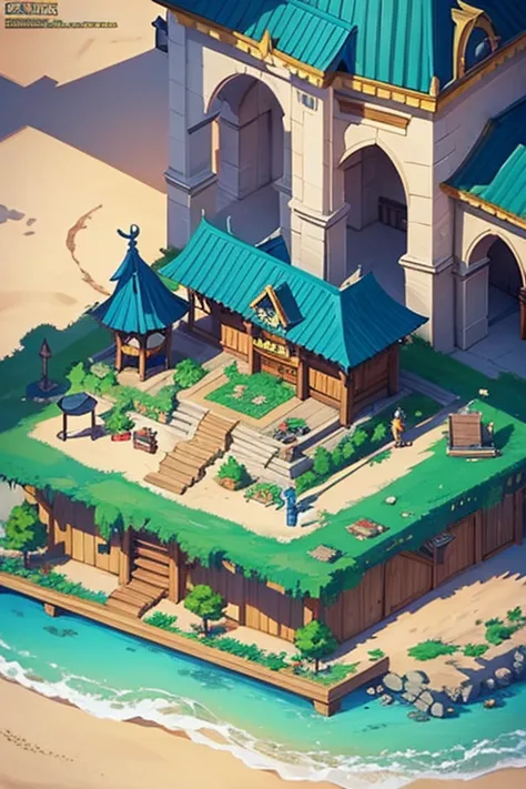 fantasy world, estilo isekai de anime, zona de comercio en la playa, estilo pixel art