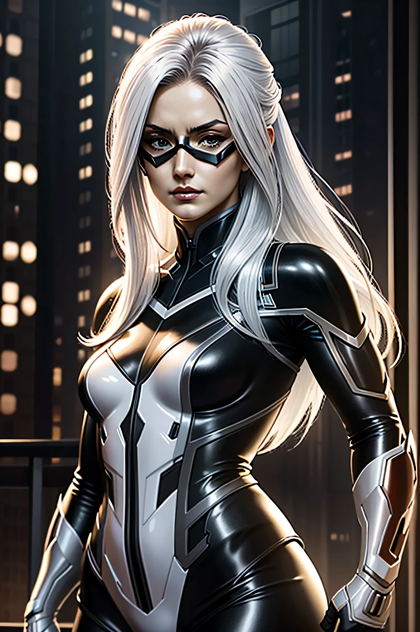 (masterpiece, best quality) MarvelBlackCat, Minka Kelly, solo, long hair, white hair, mask, seductive, standing in a rooftop scene, highly detailed, 8k, concept art, dramatic lighting