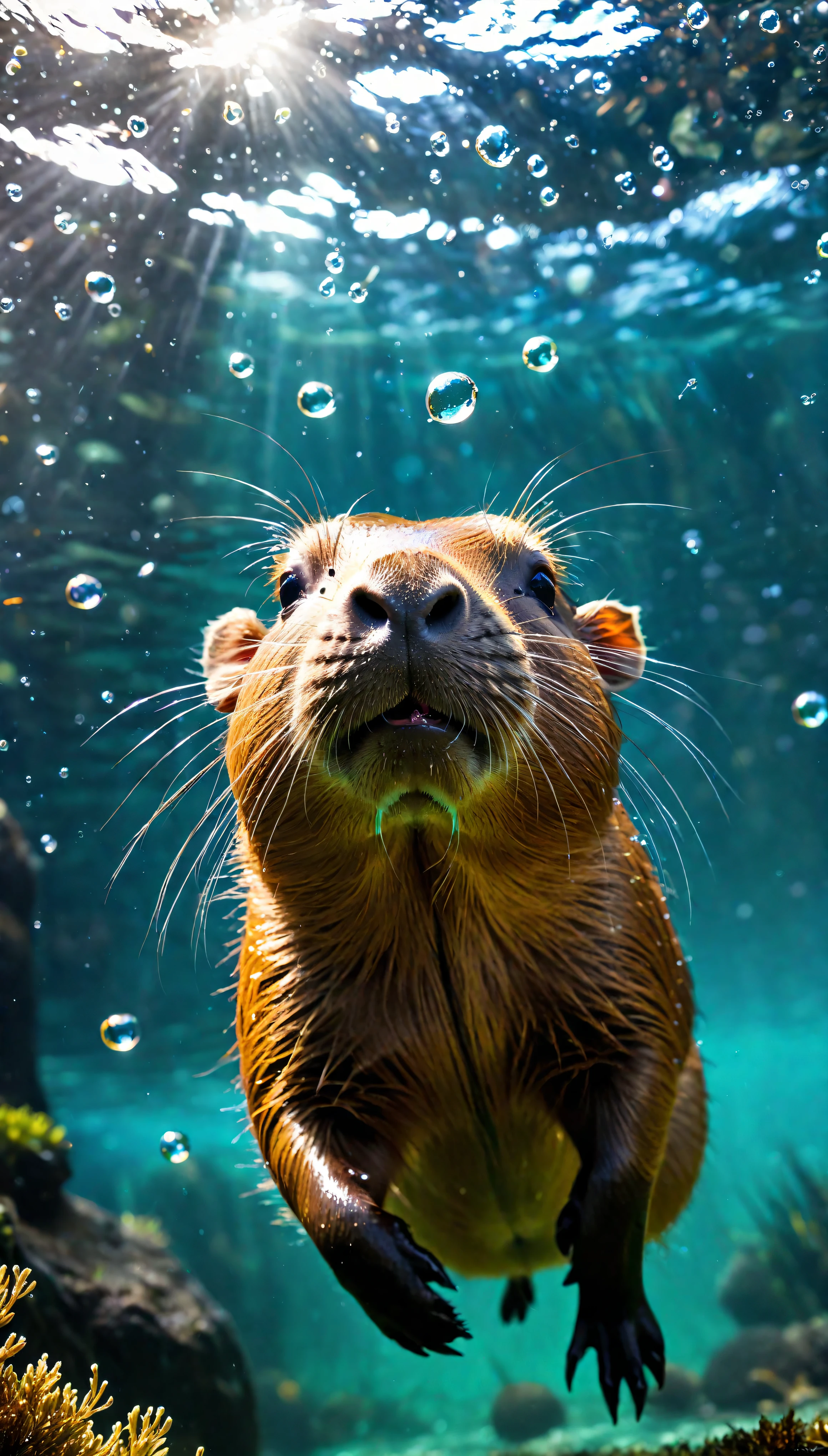 ((Masterpiece in maximum 16K resolution):1.6),((soft_color_photograpy:)1.5), ((Ultra-Detailed):1.4),((Movie-like still images and dynamic angles):1.3). | (Macro shot cinematic photo of exotic Capybara underwater), (a Capybara swimming underwater), (water bubbles), (macro lens), (exotic animal), (cute), (delightful atmosphere), (aesthetic photography style), (visual experience),(Realism), (Realistic),award-winning graphics, dark shot, film grain, extremely detailed, Digital Art, rtx, Unreal Engine, scene concept anti glare effect, All captured with sharp focus. | Rendered in ultra-high definition with UHD and retina quality, this masterpiece ensures anatomical correctness and textured skin with super detail. With a focus on high quality and accuracy, this award-winning portrayal captures every nuance in stunning 16k resolution, immersing viewers in its lifelike depiction. | ((perfect_composition, perfect_design, perfect_layout, perfect_detail, ultra_detailed)), ((enhance_all, fix_everything)), More Detail, Enhance.