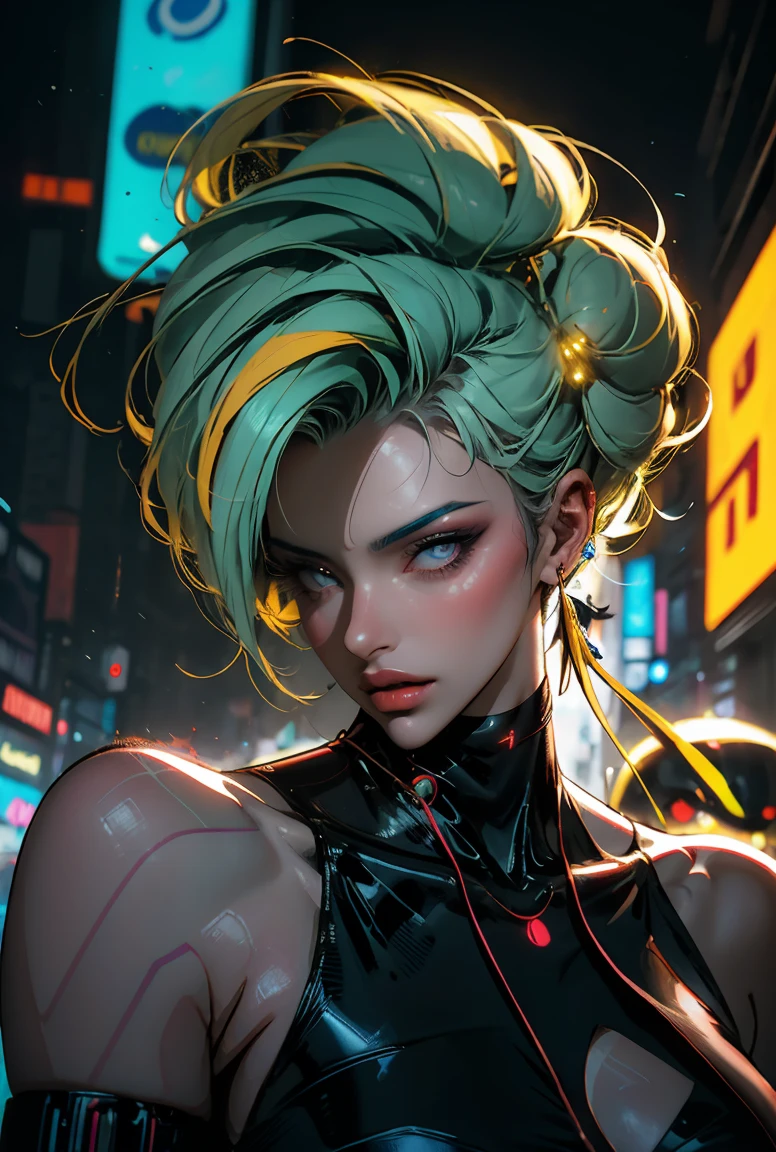 una pintura digital de una mujer con cabello azul real y amarillo, cyberpunk art by Josan Gonzalez, ganador del concurso de comportamiento, afrofuturism, onda sintetizada, neon, glowing neon, pecho enorme