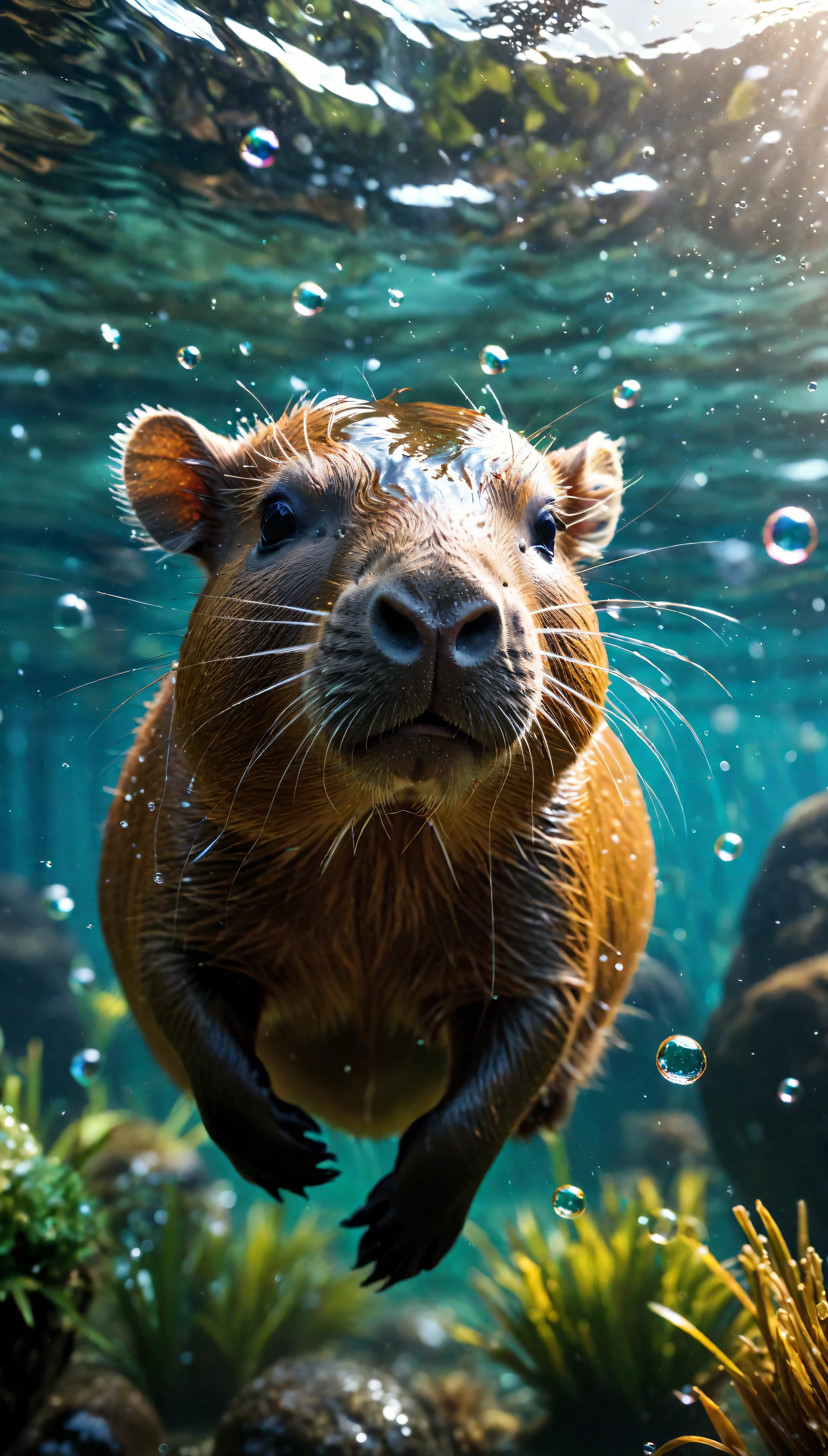 ((Masterpiece in maximum 16K resolution):1.6),((soft_color_photograpy:)1.5), ((Ultra-Detailed):1.4),((Movie-like still images and dynamic angles):1.3). | (Macro shot cinematic photo of exotic Capybara underwater), (a Capybara swimming underwater), (water bubbles), (macro lens), (exotic animal), (cute), (delightful atmosphere), (aesthetic photography style), (visual experience),(Realism), (Realistic),award-winning graphics, dark shot, film grain, extremely detailed, Digital Art, rtx, Unreal Engine, scene concept anti glare effect, All captured with sharp focus. | Rendered in ultra-high definition with UHD and retina quality, this masterpiece ensures anatomical correctness and textured skin with super detail. With a focus on high quality and accuracy, this award-winning portrayal captures every nuance in stunning 16k resolution, immersing viewers in its lifelike depiction. | ((perfect_composition, perfect_design, perfect_layout, perfect_detail, ultra_detailed)), ((enhance_all, fix_everything)), More Detail, Enhance.