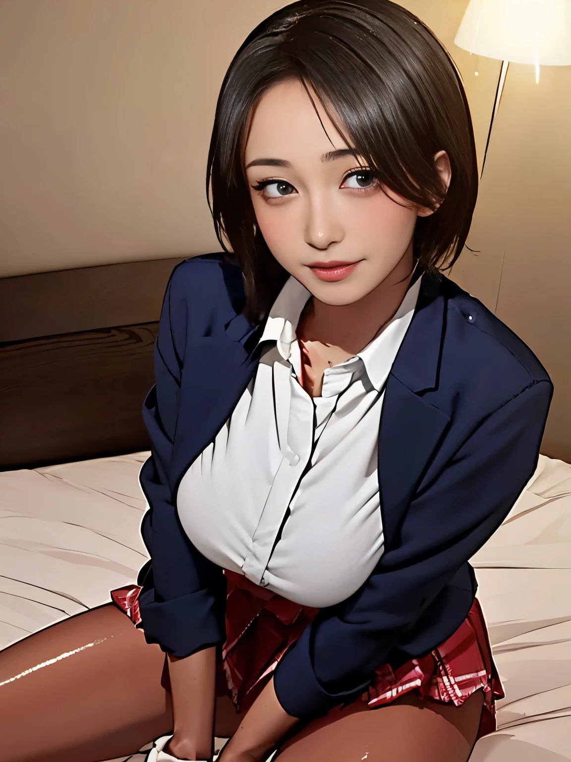 (masterpiece:1.2, highest quality), (Realistic, photoRealistic:1.4), Beautiful illustrations, (Natural Side Lighting, Cinema Lighting), 
View your viewers, Cowboy Shot, Front view, close:1.5, 1 girl, high school girl, Perfect Face, Cute and symmetrical face, Shiny skin, White skin、Seductive pose, 
(short hair:1.2, Bobcut:1.2, Black Hair), Hairline, Asymmetrical bangs, blue eyes, 長いeyelash, (Large Breasts:0.9, Thin thighs),  ((Oilskin,Glowing Skin、Realistic skin texture、Beautiful skin in every detail、Shiny skin、Slimy skin、Shiny skin、Shiny skin)), White skin, Real human skin, (Familiar), Oval Face, pore, Ultra-high resolution, (8k, RAW Photos, Realistic: 1.4), One Girl, slim, (kind, Goddess-like eyes) happiness: 1.2), (Lip gloss, eyelash, Terrible face, highest quality, Ultra-high resolution, Wide Lighting, Natural Shading)、Sexy Girl、Absolute area、long beautiful thin legs、If the length is(Sexy smile expression:0.8, )
Beautiful Hair, Beautiful Face, Beautiful fine details, Beautiful clavicle, Beautiful body, Beautiful breasts, Beautiful thighs, Beautiful feet, Beautiful fingers, 
((Navy Blazer, Light blue collared shirt, Navy Pleated Mini Skirt, socks, Red ribbon tie)), Pink Panties, 
(Beautiful views), evening, Bedroom, Lie in, Hands on the bed, (I&#39;m in tears, Upward glance), (((Big Breasts))), 