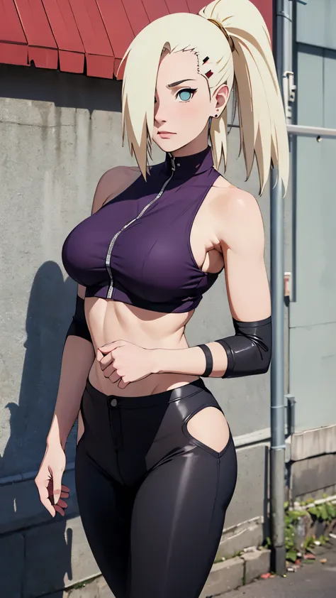 ((Best quality)), ((masterpiece)), (detailed), perfect face, yamanaka ino, black tight leggings, to the streets, bare chest