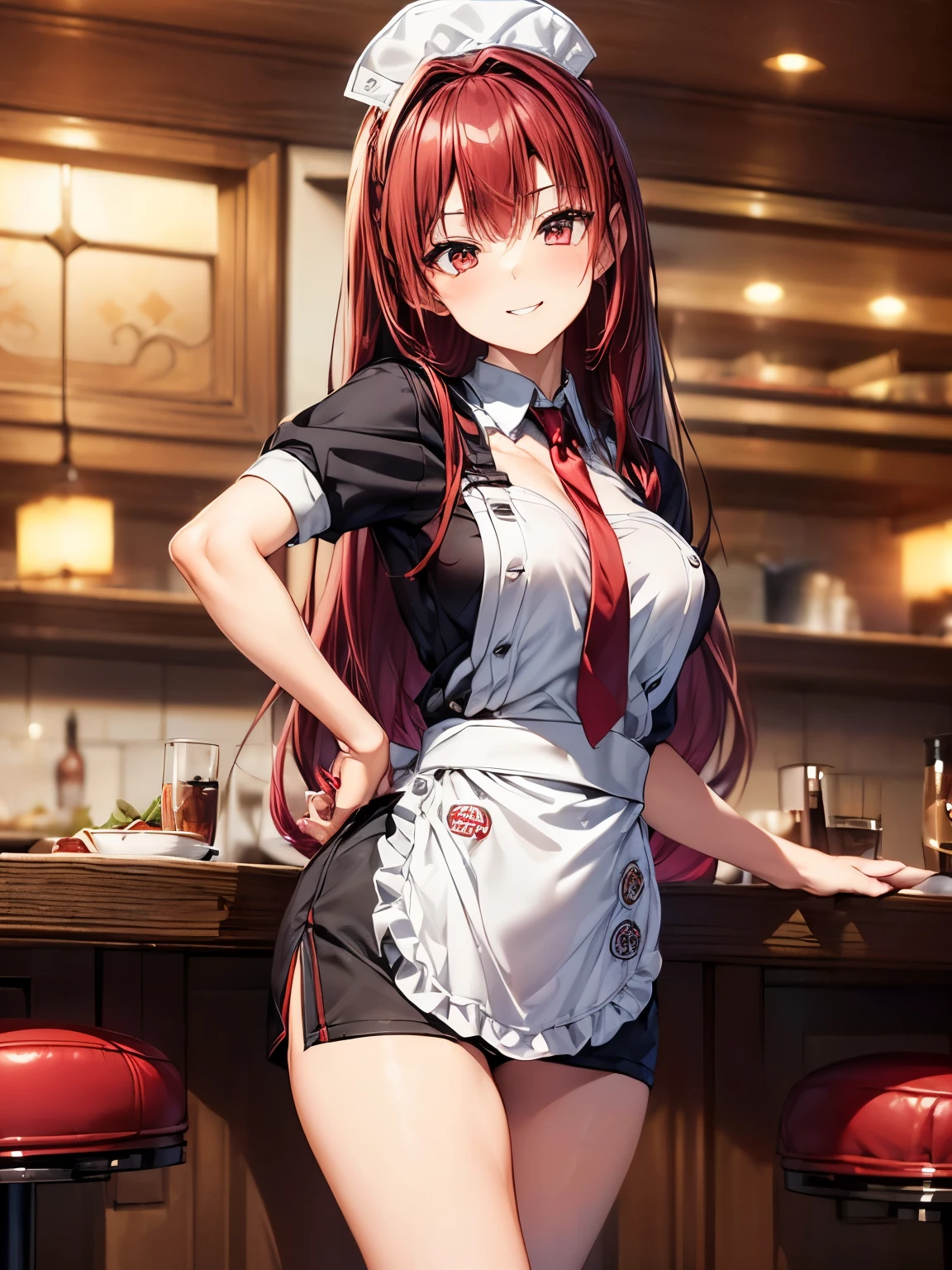 highest quality、Nice sexy body、One Woman、(solo)、((Beautiful busty woman:1.6))、(((Woman with dark red hair:1.3)))、Long hair woman、(((A woman in a waitress uniform:1.3)))、smile