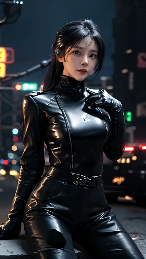 black leather rider jacket, Office in the Dark, Black leather gloved fingertips on both hands,Wearing black leather gloves,Sitting in a black leather chair、 Japanese female new recruits (Black leather gloves cover both hands) (The angle is horizontal)、Blac...