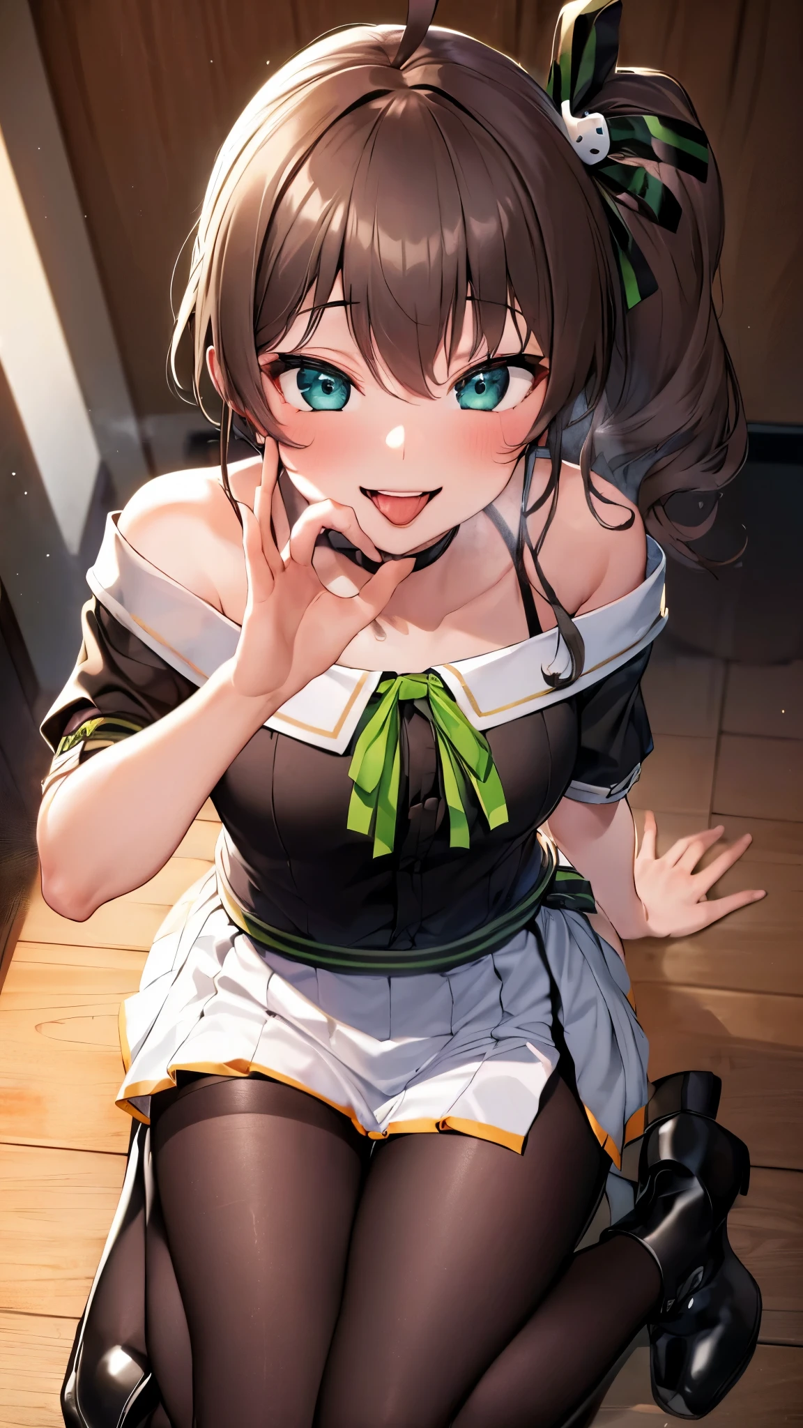  ((((Open your mouth))))、masterpiece,highest quality,High resolution,Ultra-detailed,bb Festival,meだium hair,skinny,Ahoge,Brown Hair,(((((  seductive smile ))))),skinny,Hair between the eyes,bangs,Hair Ribbon,Black Choker,Earrings,Black Ribbon,plaiだ shirt,Grey Shirt,shoulだer cutout,Short sleeve,See-through sleeves,Black Skirt,High Waist Skirt,race,(( perfect finger )) ,  shoes下,(black shoes下:1.4),race trim,shoes,Black footwear,Indoors,(Cafe:1.2),((Blowjob gestures:1.5))、open the mouth ,Sitting,Chair,heavy breathing ,