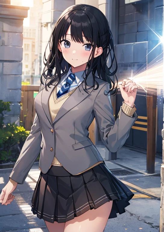   (Idol Master), (highest quality, 8k, masterpiece, Very detailed:1.2), (Lens flare, Particles of light, Shine), Big Breasts, smile, Open your mouth, masterpiece, highest quality, Very detailed, High resolution, Very detailedなCG, , Light blue tie, blazer, Grey jacket, Long sleeve, Check skirt, Black Skirt , Embarrassing:1.1), (blush:1.2),  Open your mouth, (shout:1.1), (Move a line:1.1), masterpiece, highest quality, Very detailed, High resolution, Very detailedなCG, Official Art