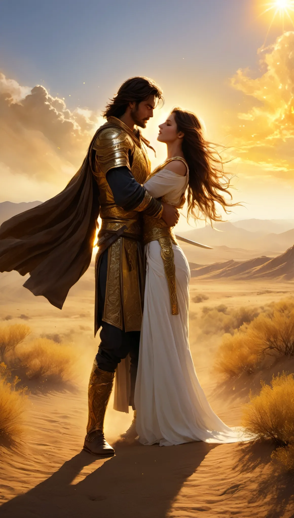 The sun poured down on the barren land, dust dancing in its golden rays, like flames leaping through the air. In this pivotal instant, the man gripped his sword tightly, muscles taut, the blade's tip pointing at the enemy, glinting coldly. His eyes were firm and deep, starry with determination and love for the woman behind him,She leaned peacefully against his back, her arms gently wrapping around his waist, as if transferring all her strength to him. Her face was etched with trust and tranquility, knowing that with this man, she could face anything, (masterpiece, best quality:1.2)