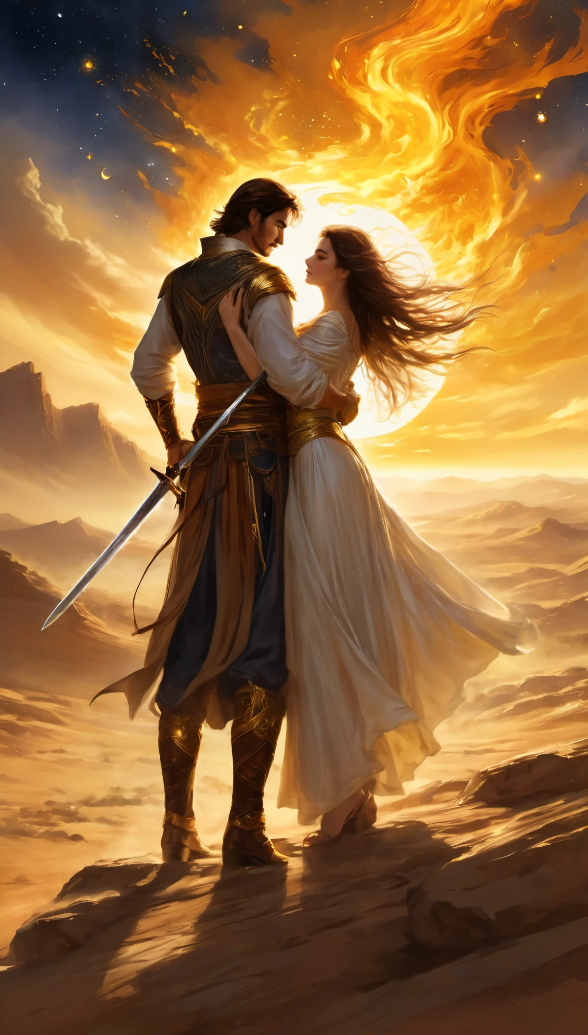 The sun poured down on the barren land, dust dancing in its golden rays, like flames leaping through the air. In this pivotal instant, the man gripped his sword tightly, muscles taut, the blade's tip pointing at the enemy, glinting coldly. His eyes were firm and deep, starry with determination and love for the woman behind him,She leaned peacefully against his back, her arms gently wrapping around his waist, as if transferring all her strength to him. Her face was etched with trust and tranquility, knowing that with this man, she could face anything, (masterpiece, best quality:1.2)