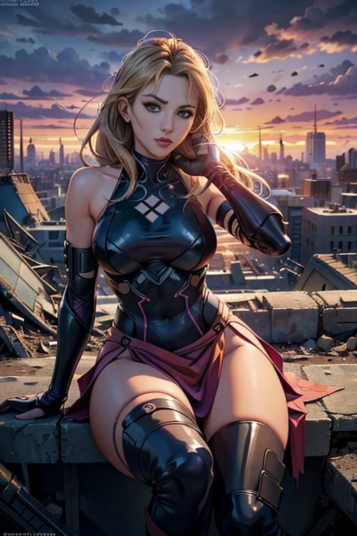 Dianna Agron、Torn Suit、I'm wearing a skirt、masterpiece, 1 Girl, Marvel&#39;s Psylocke as a beautiful woman, Psylocke Cosplay from X-Men、Purple Suit、Fine and delicate features, Futuristic New York Background, Science fiction, bionde, Super Heroine, heroic, Perfect balance, photograph, 超Realistic, masterpiece, 8k, large format camera, 110mm lens, Dynamic Lighting, Rim lighting、Official Art, extremely detailed CG 8k wallpaper, perfect Lighting, De Farbe, bright_amount_method_Light, piel bright, (masterpiece:1.0), (Better_quality:1.0), Ultra-high resolution, 4K , Very detailed, Director of Photography, 8k, HDR, High Resolution Lights, (Confused:1.2), Kodak Portrait 400, Film Grain, Blurred Background, (bokeh:1.2), Lens flare, (Vibrant_Farbe:1.2), Professional photography, (beautiful_method:1.5),More detailed 8k.Unreal Engine:1.4,Hmm.,La Better quality:1.4, Realistic:1.4, skin temperature:1.4, masterpiece:1.8,masterpiece, Better quality,Object Object], (Detailed facial features:1.3),(Anti-sedentary apocalyptic destroyed city:1.4), (Apocalyptic Sunset:1.4)