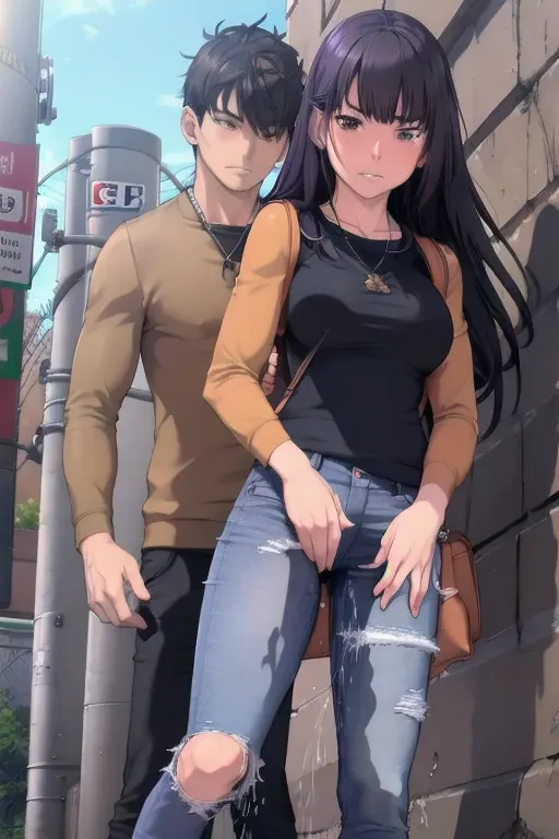 (a young boy:1.25), (a girl:1.1), a man and sakaki yumiko wearing denim jeans and a casual sweatshirt, both individuals have a d...