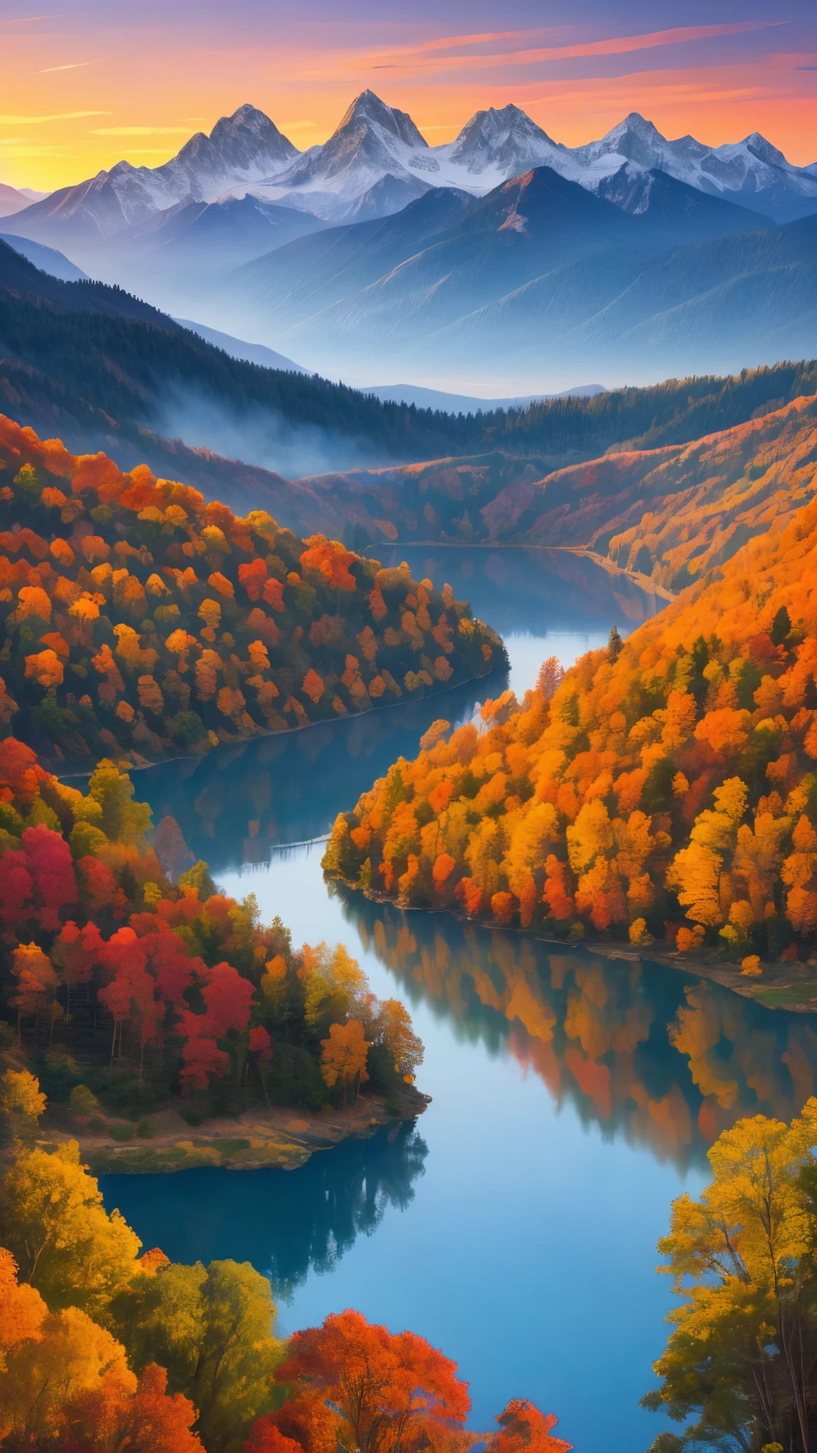 (beste Qualität,HDR,intensive Beleuchtung,leuchtende Farben,malerischer Stil),eine atemberaubende Landschaft mit einer majestätischen Bergkette und einem kristallklaren See, der die leuchtenden Farben des Sonnenuntergangs reflektiert. Die Gipfel erheben sich dramatisch gegen die intensive, goldenes Licht, wirft lange Schatten auf das üppig grüne Tal darunter. Die Landschaft ist reich an, lebendige Farben, vom tiefen Blau des Himmels bis zum feurigen Orange und Purpur der untergehenden Sonne. The malerischer Stil brings a touch of impressionism to the scene, mit kräftigen Pinselstrichen, die die Schönheit und Energie der Natur einfangen. Die Beleuchtung erzeugt ein Gefühl von Dramatik und Tiefe, Hervorhebung der Konturen der Berge und Eintauchen in einen warmen Glanz auf die umgebende Landschaft. Das Gesamtbild ist ein Meisterwerk hochauflösender Details, zeigt die Kraft und Erhabenheit der Natur in all ihrer Pracht.